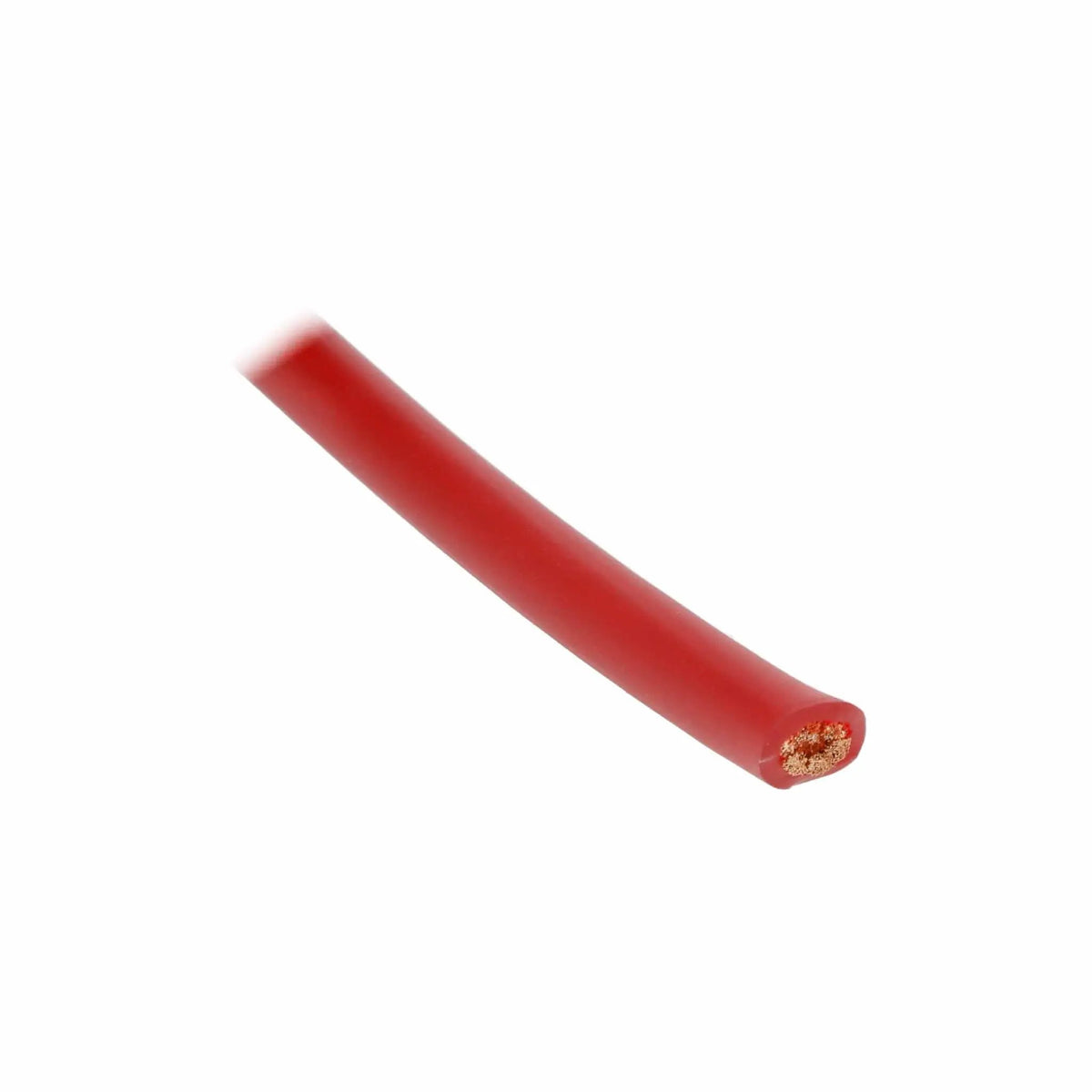 Close-up of a red T-Spec power cable end showing the stranded copper conductor inside the insulation