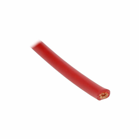 Close-up of a red T-Spec power cable end showing the stranded copper conductor inside the insulation