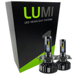 Two LUMI Stage 1 880 LED headlight bulbs from Lumi are displayed in front of a black and green box labeled â€œLUMI LED Headlight Systems.â€ With metallic bases and visible yellow LED strips, these 40 Watt, 6000K bulbs deliver brilliant illumination and are compatible with most vehicles due to their integrated LED CANBUS technology.