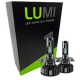 Two LUMI Stage 1 880 LED headlight bulbs from Lumi are displayed in front of a black and green box labeled â€œLUMI LED Headlight Systems.â€ With metallic bases and visible yellow LED strips, these 40 Watt, 6000K bulbs deliver brilliant illumination and are compatible with most vehicles due to their integrated LED CANBUS technology.