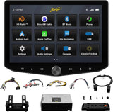 Stinger touchscreen showing its source menu above the receiver chassis, wiring and mounting hardware