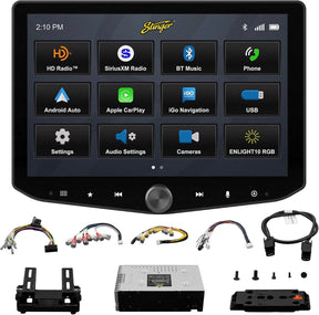 Stinger touchscreen showing its source menu above the receiver chassis, wiring and mounting hardware