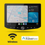 Stinger touchscreen showing navigation and music in a wireless Android Auto graphic