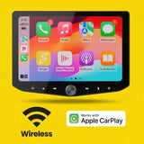 Stinger HORIZON10 touchscreen displaying Apple CarPlay apps with a wireless CarPlay callout