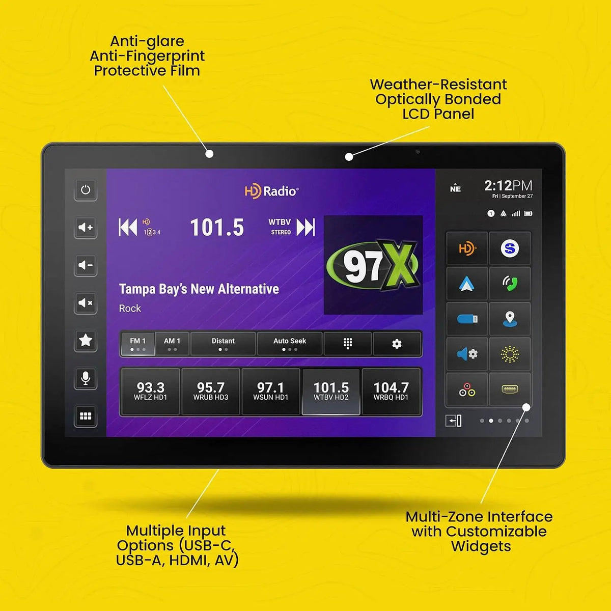 Stinger display feature graphic identifying protective film, an optically bonded LCD, input options and customizable widgets