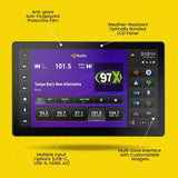 Stinger display feature graphic identifying protective film, an optically bonded LCD, input options and customizable widgets