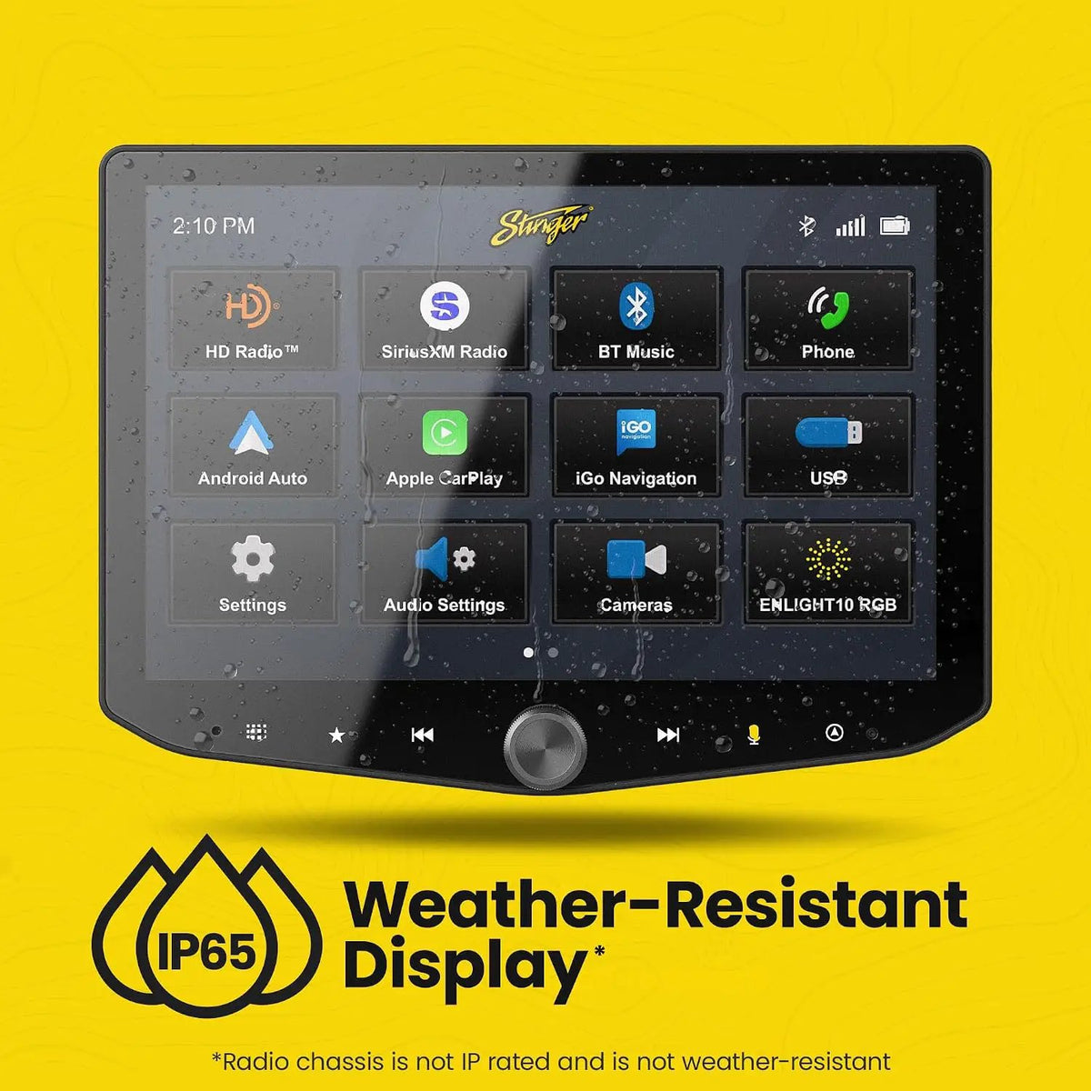 Stinger IP65 weather-resistant display graphic, with a note that the radio chassis is not IP-rated or weather-resistant