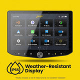 Stinger IP65 weather-resistant display graphic, with a note that the radio chassis is not IP-rated or weather-resistant