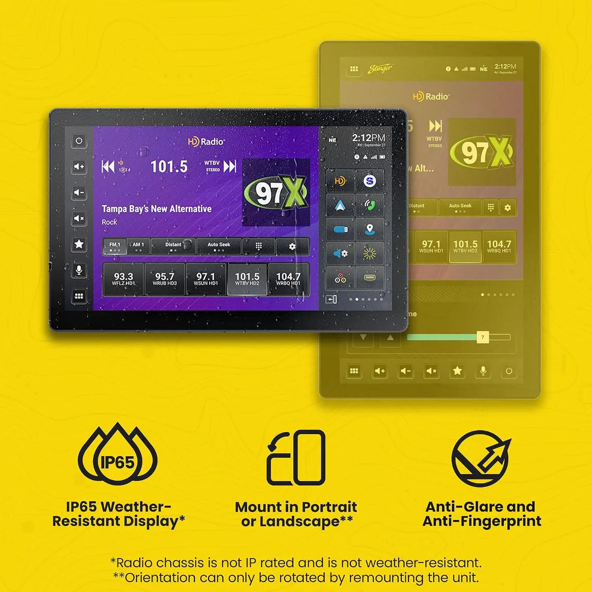 Stinger display shown in portrait and landscape orientations; remounting is required to rotate it, and IP65 protection applies only to the display