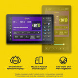 Stinger display shown in portrait and landscape orientations; remounting is required to rotate it, and IP65 protection applies only to the display