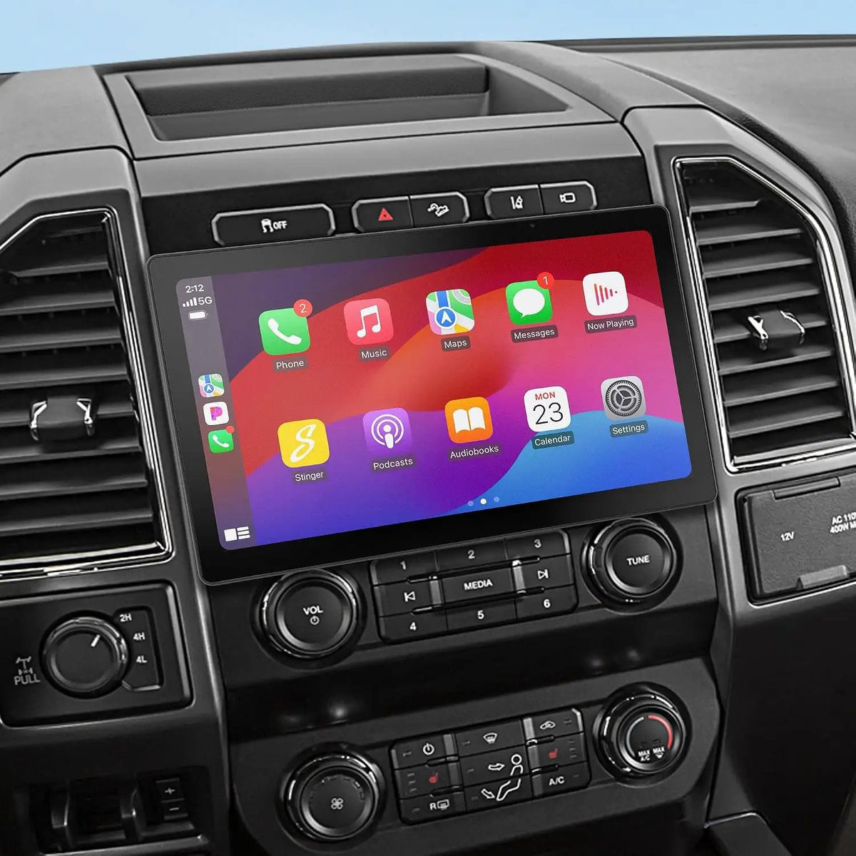 Stinger HORIZON12 installed in a vehicle dashboard displaying Apple CarPlay apps