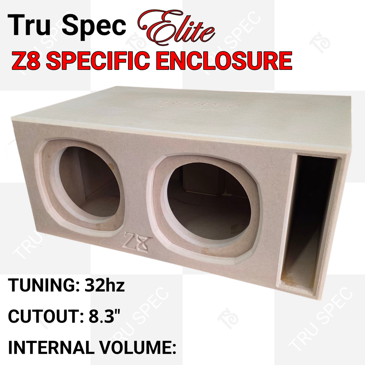 TRU SPEC Elite Z8 enclosure graphic with two front cutouts, a slot port and 32 Hz tuning callout