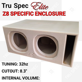 TRU SPEC Elite Z8 enclosure graphic with two front cutouts, a slot port and 32 Hz tuning callout