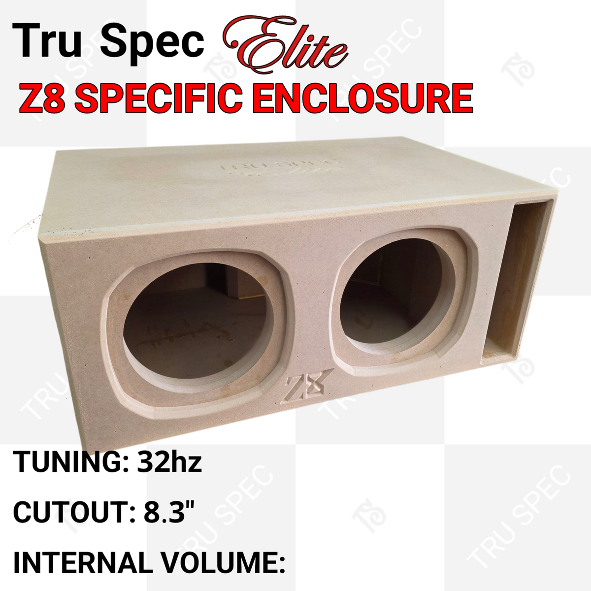 Alternate angle of the TRU SPEC Elite Z8 dual-opening enclosure with cutout and tuning callouts
