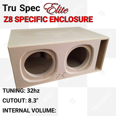 Alternate angle of the TRU SPEC Elite Z8 dual-opening enclosure with cutout and tuning callouts