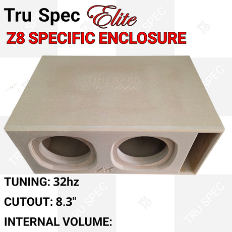 TRU SPEC Elite Z8 dual enclosure viewed from above, showing recessed openings, engraved branding and a slot port