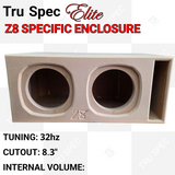 TRU SPEC Elite Z8 dual enclosure graphic showing 32 Hz tuning and 8.3-inch cutouts; internal-volume value is absent