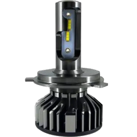 A close-up of a Lumi LUMI Stage 1 880 LED Headlight Bulb, featuring a metallic design with cooling fins at the base and yellow LED chips visible in the center.