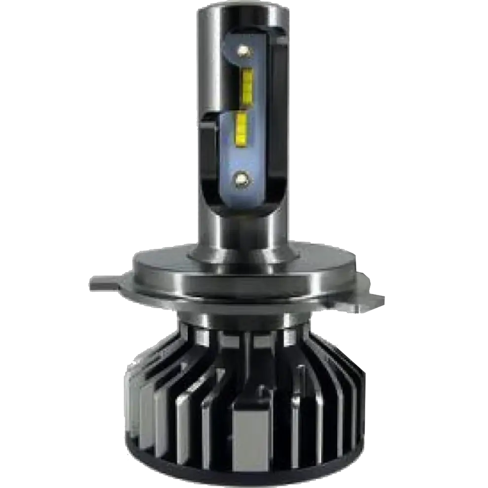 Close-up of a single LUMI Stage 1 9007 LED Headlight Bulb by Lumi, featuring a 40 Watt power rating, metal heatsink base, vertical light-emitting diodes, and a cylindrical design against a plain white background. This CANBUS-compatible bulb emits a crisp 6000K white light for optimal visibility.