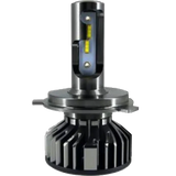 A close-up of a LUMI Stage 2 880 LED Headlight Bulb by Lumi shows its metallic base, cooling fins at the bottom, and two yellow CSP chips on the vertical shaft. This 6000K LED headlight provides bright illumination and advanced efficiency for modern vehicles.