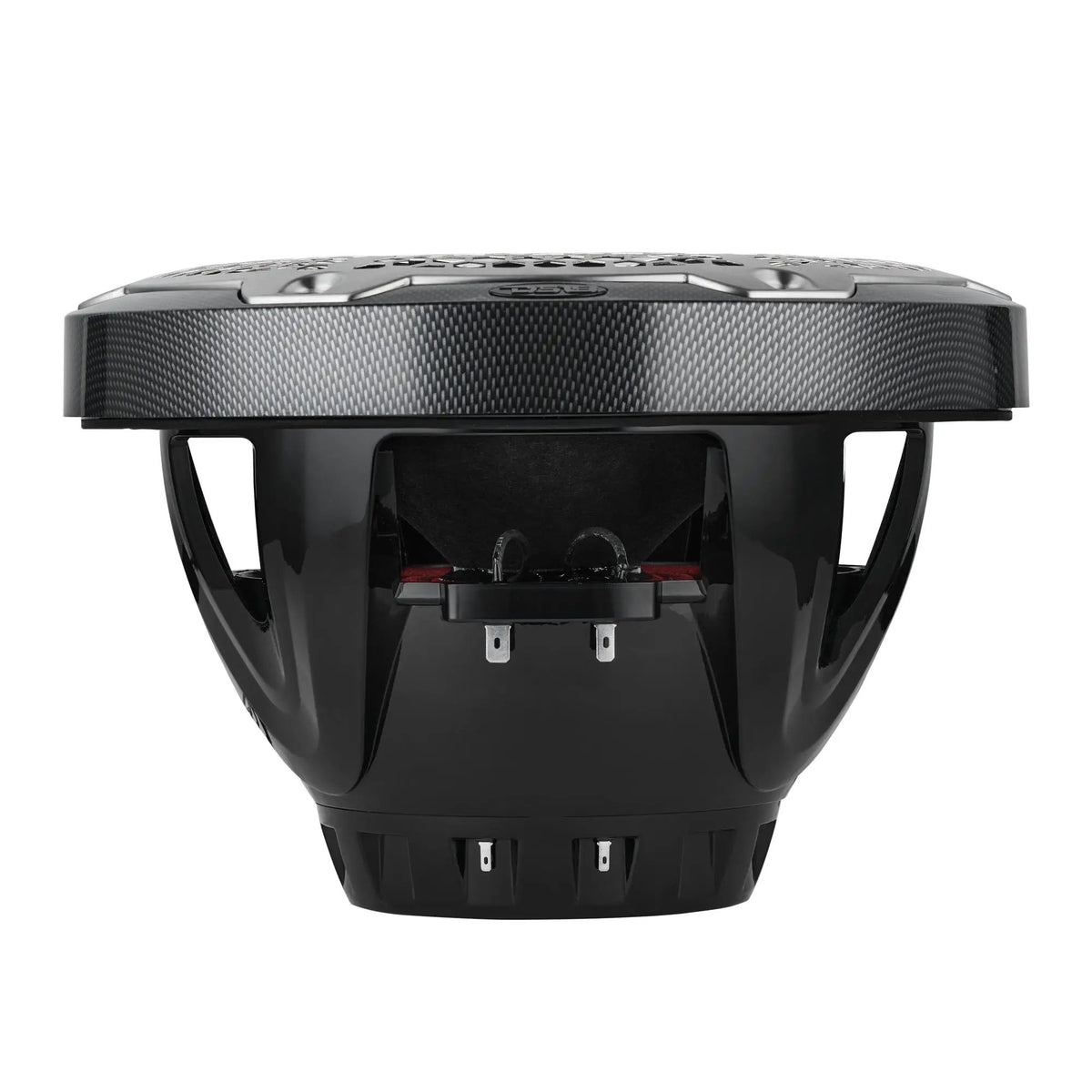 Side profile of a black speaker showing its open basket, terminals and carbon-fiber-patterned rim