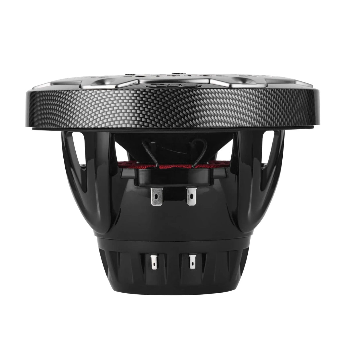 Side view of a carbon-fiber-pattern DS18 speaker showing red suspension and stacked magnet housing
