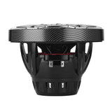 Side view of a carbon-fiber-pattern DS18 speaker showing red suspension and stacked magnet housing