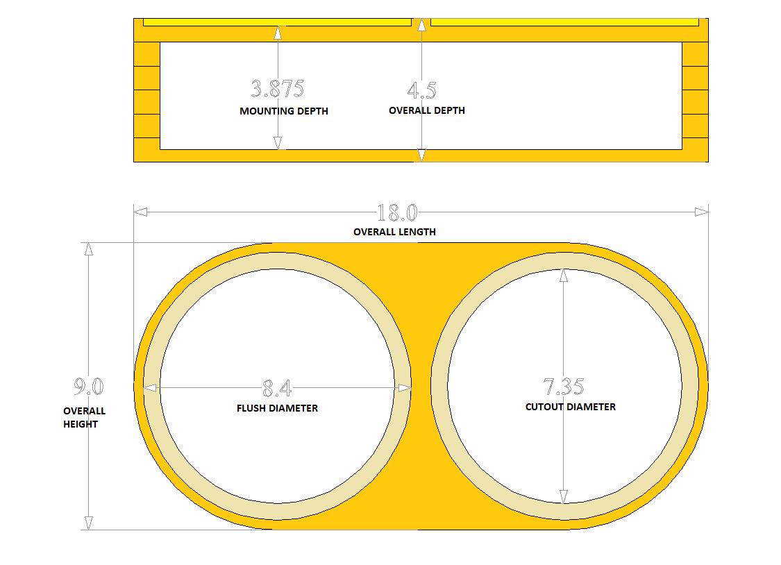 Tru Spec dual 8-inch Stack Fab door-pod drawing showing 7.35-inch cutouts, 8.4-inch flush recesses and 3.875-inch mounting depth