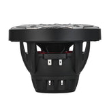 Black speaker with grille, open basket and terminals, side view