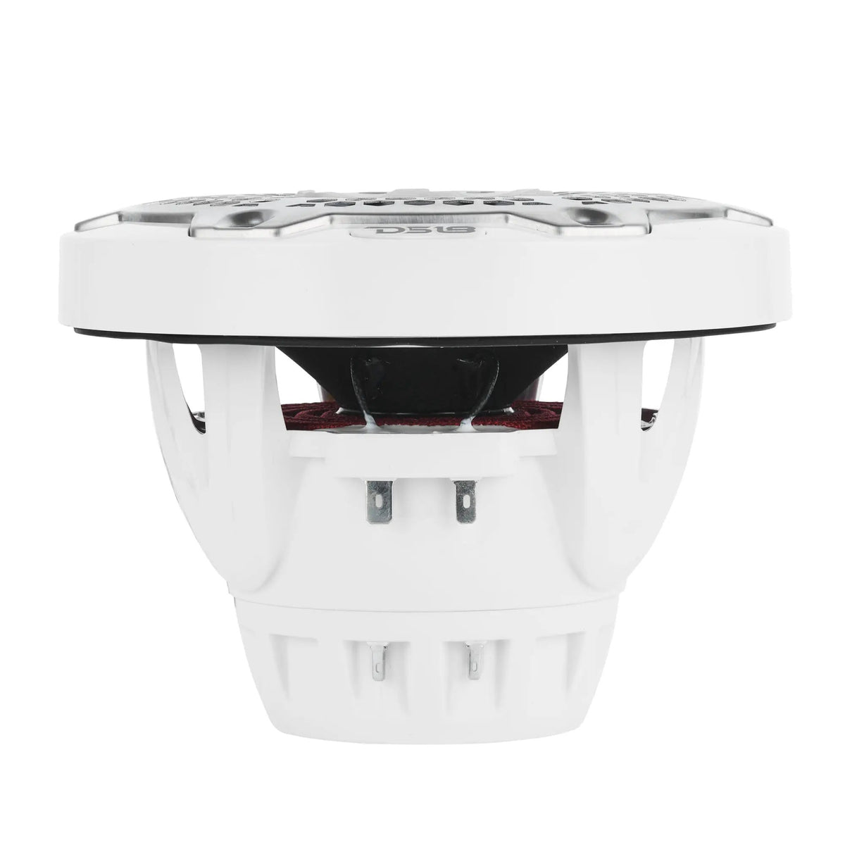 Side profile of a white speaker showing its open basket, cone, terminals and red suspension