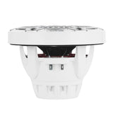 Side profile of a white speaker showing its open basket, cone, terminals and red suspension