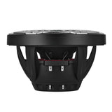 Side profile of a black speaker showing its open basket, terminals and red suspension