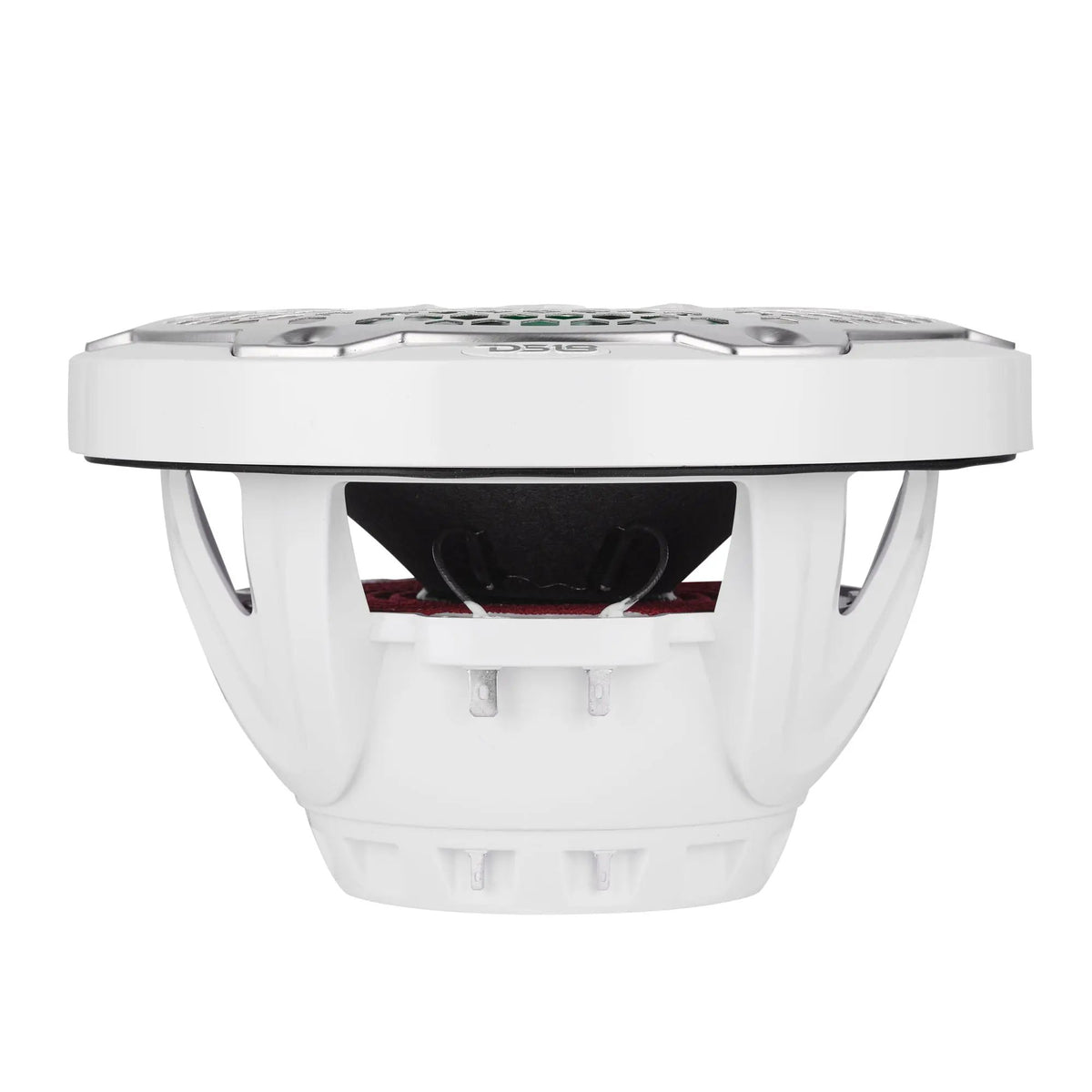 Side profile of a white speaker showing its open basket, cone, terminals and red suspension