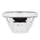 Side profile of a white speaker showing its open basket, cone, terminals and red suspension