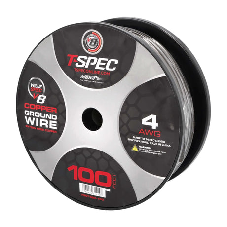 Black T-Spec cable spool with its V8GT4BK-100 label showing 4 AWG ground wire and 100 feet