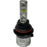 The Lumi LUMI Stage 2 9004 LED headlight bulb features a silver body and a black and red plastic base, labeled â€œV8S Focus LED HEADLIGHT EMC 2022B,â€ and is equipped with advanced CSP chips for superior brightness, displayed against a plain white background.