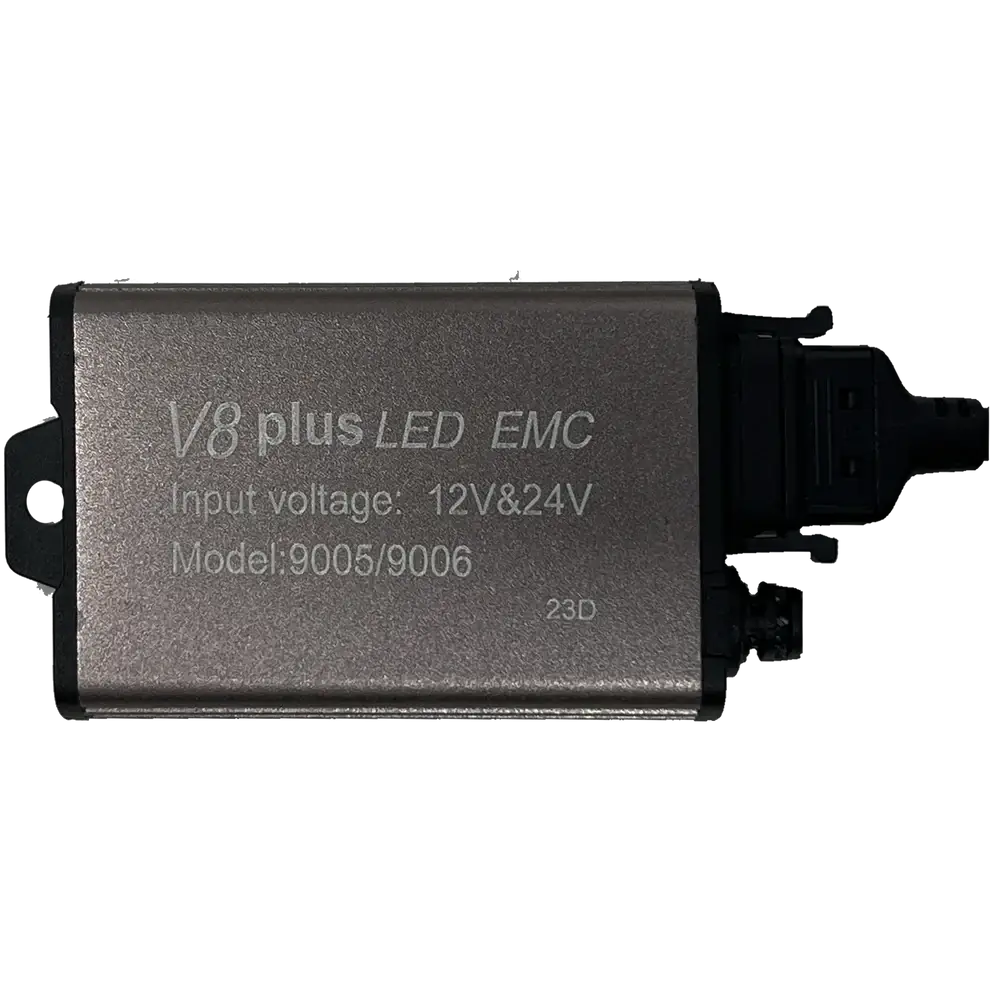 A rectangular silver device labeled â€œLUMI Stage 3 9006 LED Headlight Bulbsâ€ from Lumi, featuring input voltage support for both 12V and 24V and equipped with a black plastic connector on one end. Designed for use in LED headlights, it utilizes advanced CSP chips to provide a crisp, bright white 6000K light.