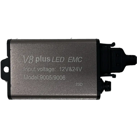 A rectangular silver device labeled â€œLUMI Stage 3 9006 LED Headlight Bulbsâ€ from Lumi, featuring input voltage support for both 12V and 24V and equipped with a black plastic connector on one end. Designed for use in LED headlights, it utilizes advanced CSP chips to provide a crisp, bright white 6000K light.
