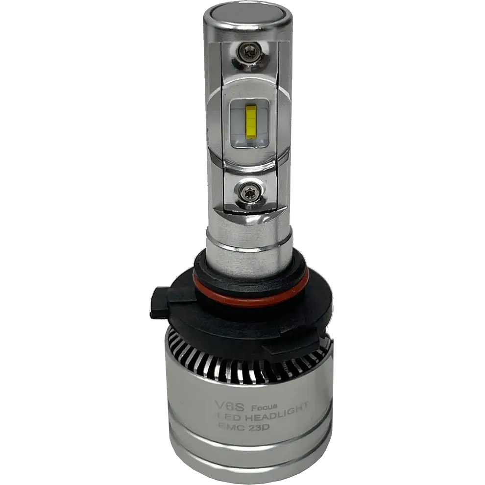 A silver LUMI Stage 2 9005 LED headlight bulb from Lumi, featuring a black and red base, finned heat sink, and a visible diode in the center marked â€˜V6S Focus LED Headlight EMC 23D.â€™ This model utilizes high-performance CSP chips to provide a crisp 6000K color temperature for enhanced visibility.