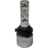 A silver LUMI Stage 2 9005 LED headlight bulb from Lumi, featuring a black and red base, finned heat sink, and a visible diode in the center marked â€˜V6S Focus LED Headlight EMC 23D.â€™ This model utilizes high-performance CSP chips to provide a crisp 6000K color temperature for enhanced visibility.