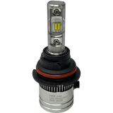 A silver LUMI Stage 2 9006 LED headlight bulb by Lumi, featuring visible yellow CSP chips, black and red rubber rings, and a cylindrical base labeled EMC 2022B, is displayed on a plain white backgroundâ€”ideal for those seeking modern LED headlights with a crisp 6000K output.