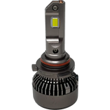 A close-up of a Lumi LUMI Stage 3 9006 LED headlight bulb featuring a 6000K color temperature, metallic base, integrated cooling fins, and a rectangular yellow CSP chip mounted on a silver vertical structure.