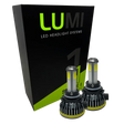 Two LUMI Stage 1 9006 LED Headlight Bulbs are displayed in front of a black and green Lumi box on a white background.