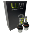 Two LUMI Stage 2 9006 LED Headlight Bulbs by Lumi, featuring advanced CSP chips and metallic bases with visible LED elements, are displayed in front of a black box labeled â€œLUMI LED Headlight Systems 2 Series II.â€ These bulbs deliver a crisp 6000K white light.
