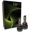 Two LUMI Stage 3 9006 LED headlight bulbs with heatsinks are displayed in front of a black Lumi box adorned with green and yellow curved line graphics, highlighting premium LED headlights that feature advanced CSP chips and a bright 6000K color temperature.