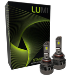 Two LUMI Stage 3 9006 LED headlight bulbs with heatsinks are displayed in front of a black Lumi box adorned with green and yellow curved line graphics, highlighting premium LED headlights that feature advanced CSP chips and a bright 6000K color temperature.