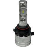 Introducing the LUMI Stage 2 9007 LED Headlight Bulbs by Lumi: Featuring a silver design with integrated cooling fins, a black and red gasket at the base, and visible CSP chips on the front for improved brightness. The bulbs include a black connector attached at the bottom, and â€œV6S Focus LED HEADLIGHT EMC 21Fâ€ printed on the base. These Lumi headlights emit a crisp 6000K white light, delivering superior visibility for nighttime driving.
