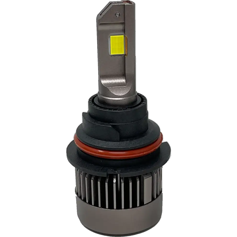 LUMI Stage 3 9007 LED Headlight Bulb by Lumi, shown upright against a plain white background. This bulb features a metallic base with cooling fins and a yellow light-emitting area at the top. Equipped with advanced CSP chips, it delivers enhanced performance.