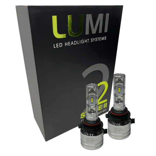Two LUMI Stage 2 9007 LED Headlight Bulbs from Lumi, featuring advanced CSP chips and a crisp 6000K color temperature, are displayed in front of a black box labeled LUMI LED Headlight Systems 2 Series II Headlight Kit.