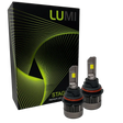 Two LUMI Stage 3 9007 LED Headlight Bulbs with advanced CSP chips and a bright 6000K color temperature are shown in front of a black Lumi box accented with green lines and the text â€œSTAGE PREMIUM LED.â€.
